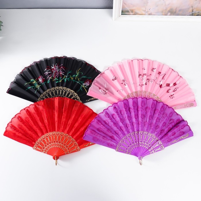 Веер пластик, текстиль  Веер пластик, текстиль "Вышивка" МИКС 23 см