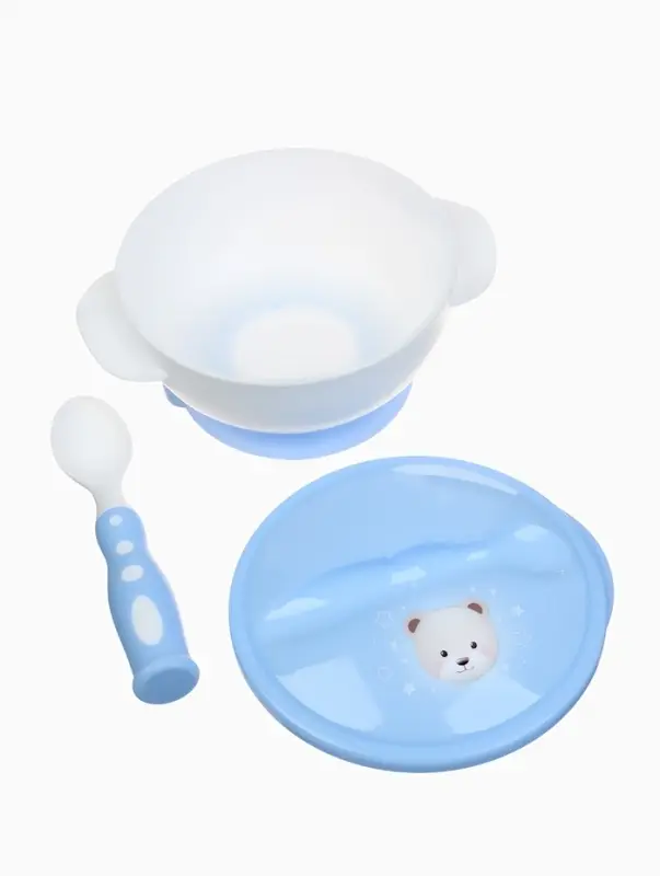 Тарелка на присоске из силикона M&B &laquo;Сладкий малыш&raquo;, в наборе крышка, ложка, голубой