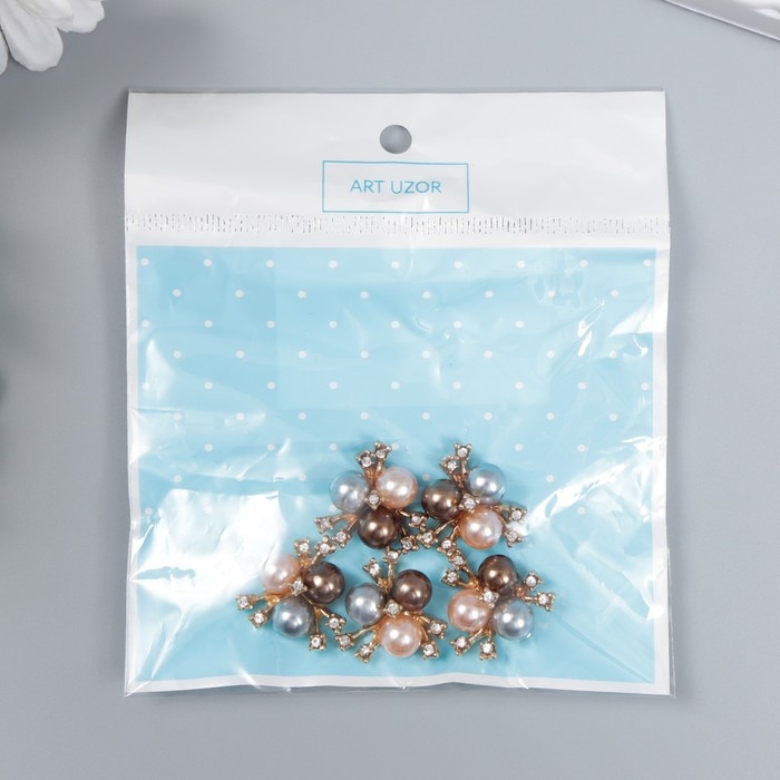 Декор для творчества металл Декор для творчества металл "3 жемчужины со стразами" серебристо-персик. набор 5 шт 2х2 см