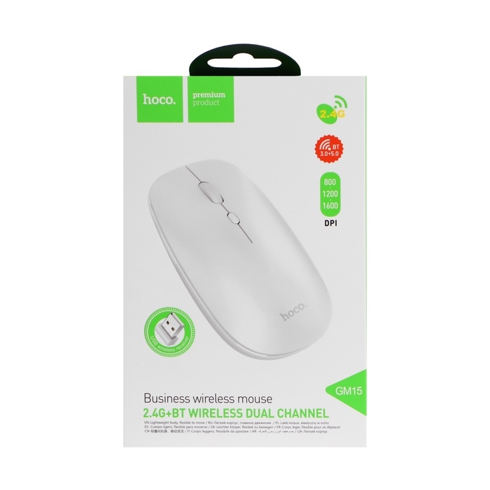 Мышь Hoco GM15, беспроводная (2.4 + BT), оптическая, 800-1200-1600 dpi, белая Мышь Hoco GM15, беспроводная (2.4 + BT), оптическая, 800-1200-1600 dpi, белая