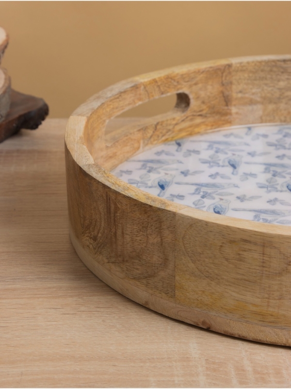 Поднос круглый с бортиками Поднос круглый с бортиками "Синие птицы" дерево манго 35х35х6,5 см