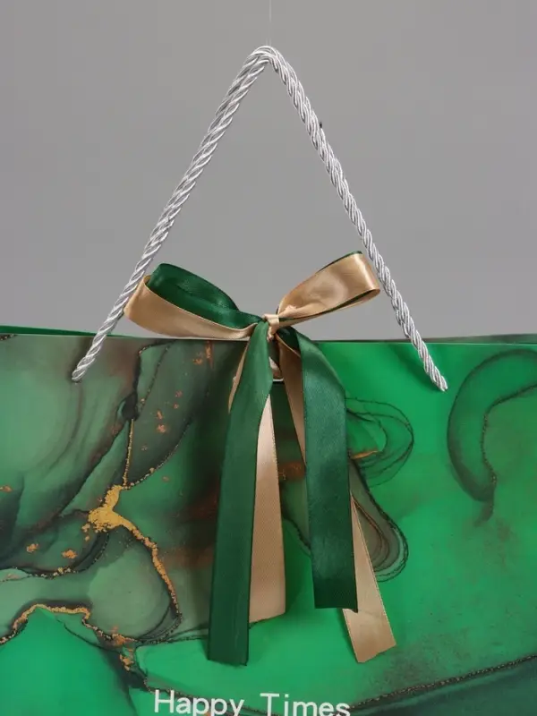 Пакет подарочный "Мрамор", зеленый с бантиком, 43 х 32 х 14 см