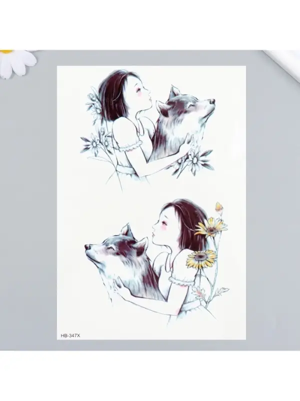 Переводные тату на тело цветные «Девочка с волком», 21×14.8 см