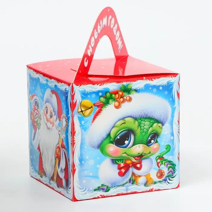 Подарочная коробка Новогодняя Кубик большой «Сладкая парочка Символ года» с анимацией 12×12×12 см