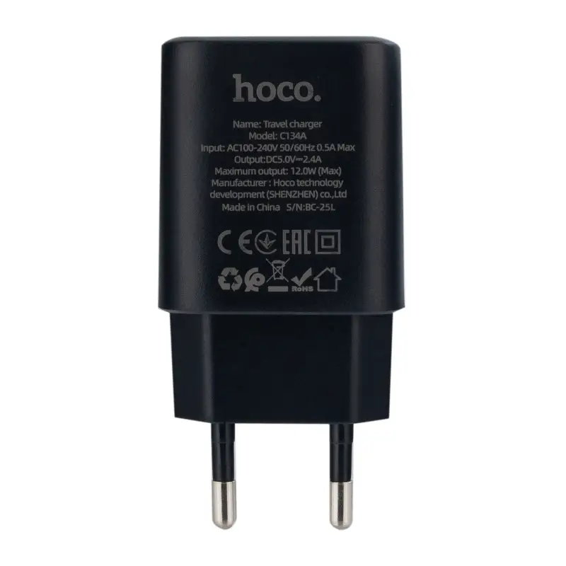 Сетевое зарядное устройство с кабелем USB на MicroUSB 2.4A C134A HOCO черное