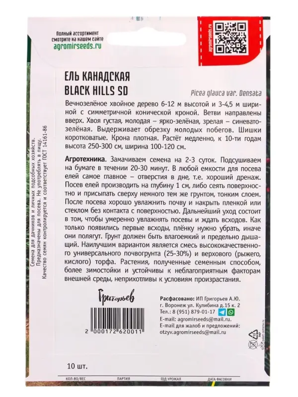 Семена Ель канадская Black Hills SD, 10 шт., &laquo;Григорьев&raquo;
