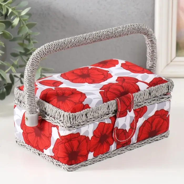Шкатулка для рукоделия и шитья &laquo;Красные маки на белом&raquo;, хранение ниток, иголок, мелочи, 18&times;12&times;9.5 см