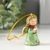 Сувенир полистоун "Ангелочек со звёздами на зелёном платье, со свечой в руках" 3,8х2,6х5 см   109157