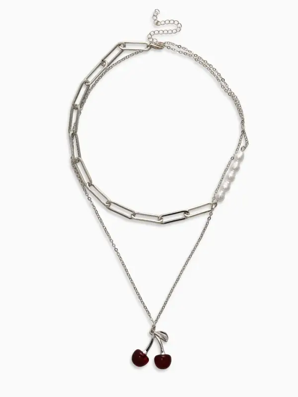 Кулон-цепь 2 яруса "Вишня", цвет бордовый в серебре 40+50+удл