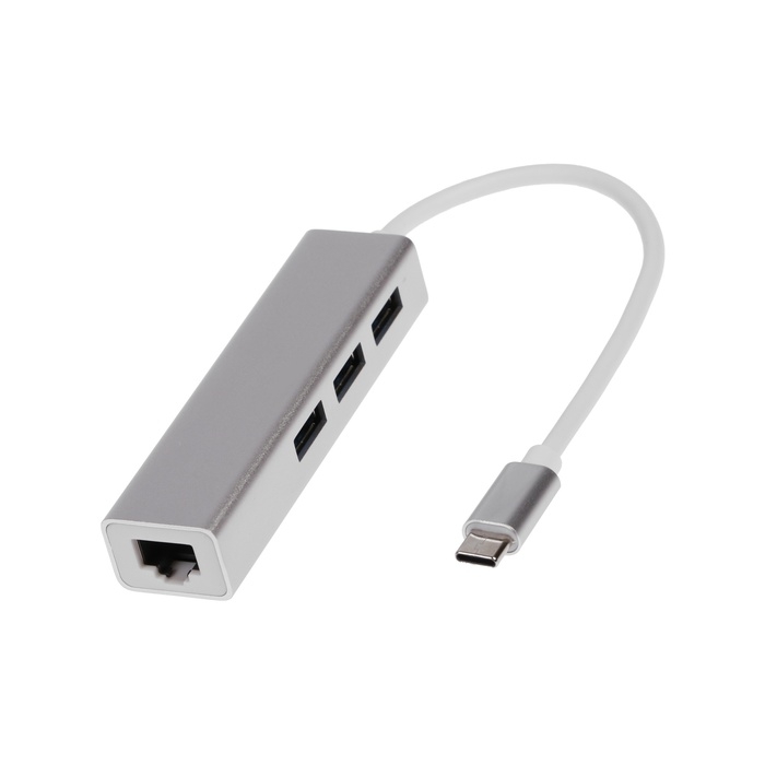 Type-C-разветвитель (HUB), 3 порта USB,порт ethernet, кабель 10 см, серебристый Type-C-разветвитель (HUB), 3 порта USB,порт ethernet, кабель 10 см, серебристый