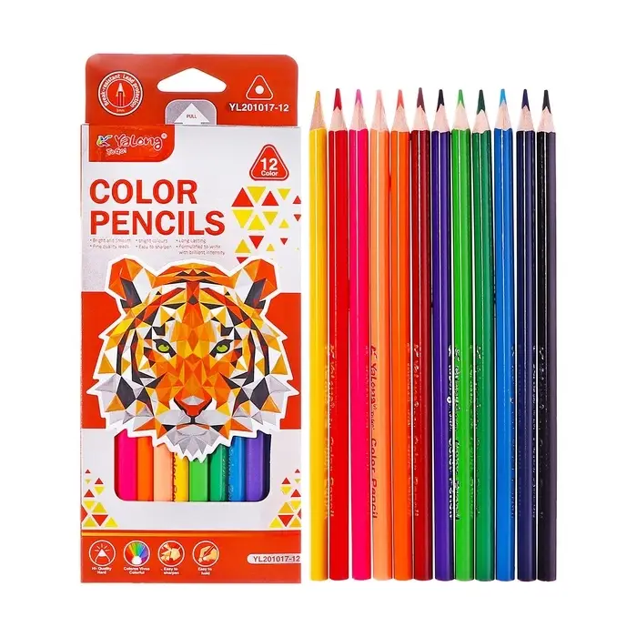 Набор карандашей цветных чернографитных Yalong, 12 штук, 2 точилки, 2 ластика, в папке на молнии, МИКС