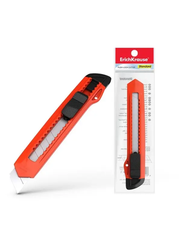 Нож канцелярский 18 мм, ErichKrause Standart, с системой фиксации лезвия push-lock и насадкой для безопасного отделения сегмента лезвия, МИКС