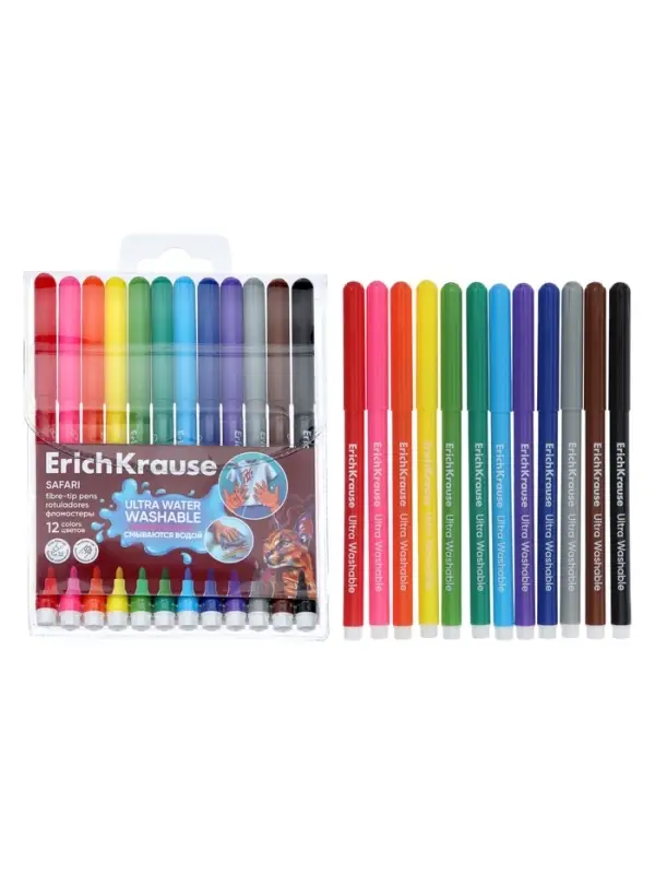 Фломастеры ErichKrause Safari Ultra Washable 12 цветов, в футляре с европодвесом