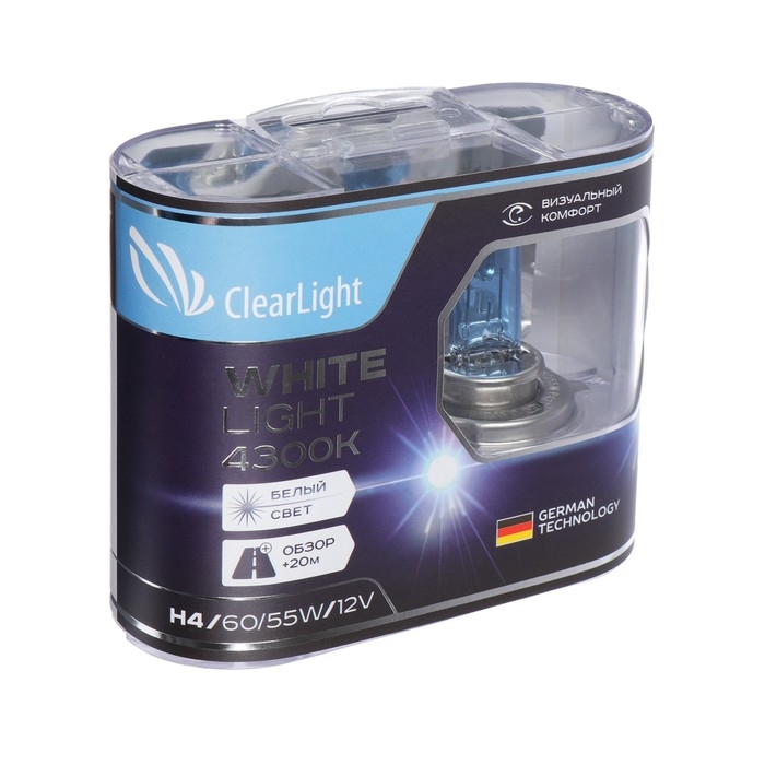 Лампа автомобильная Clearlight WhiteLight, H4, 12 В, 60/55 Вт, набор 2 шт Лампа автомобильная Clearlight WhiteLight, H4, 12 В, 60/55 Вт, набор 2 шт