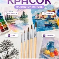 Кисти для рисования, белка, 5 штук: № 1, 2, 3, 4, 5, круглые, деревянная ручка, международный размер