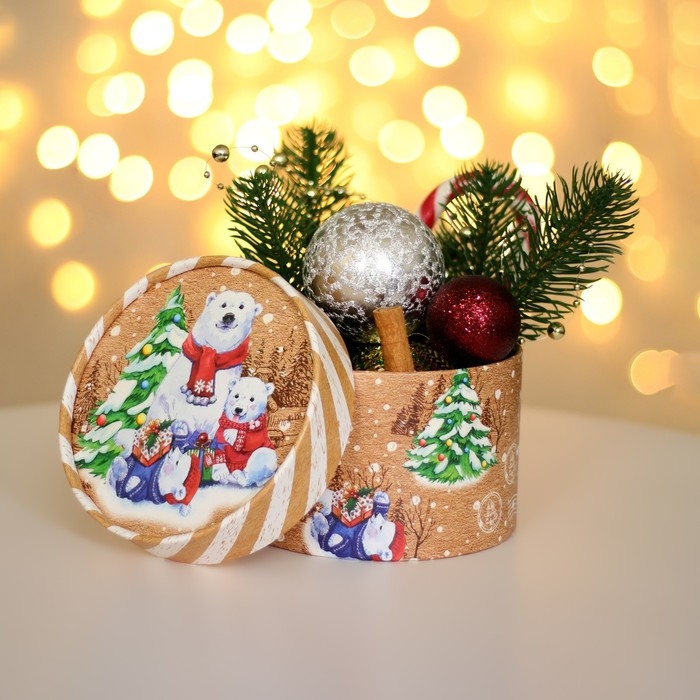 Новый год. Коробка подарочная новогодняя для макарун тубус без окна Новый год. Коробка подарочная новогодняя для макарун тубус без окна "Мишки", 12 х 8 см.