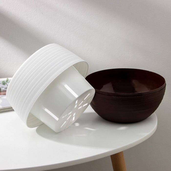 Горшок для цветов с поддоном «Япония», 2 л, белый-коричневый Горшок для цветов с поддоном «Япония», 2 л, белый-коричневый