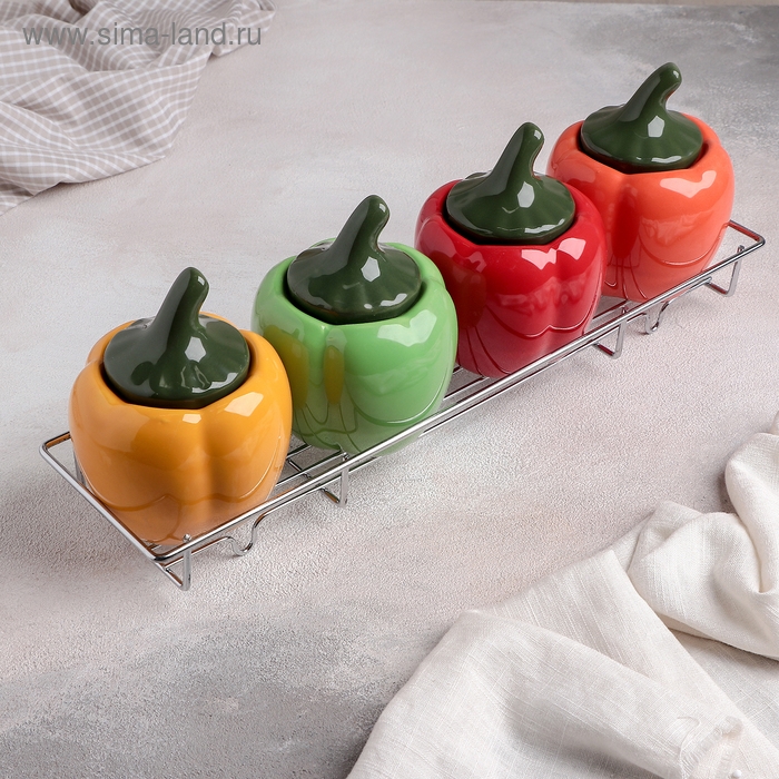 Набор банок керамических для сыпучих продуктов на металлической подставке «Перцы», 4 предмета: 400 мл