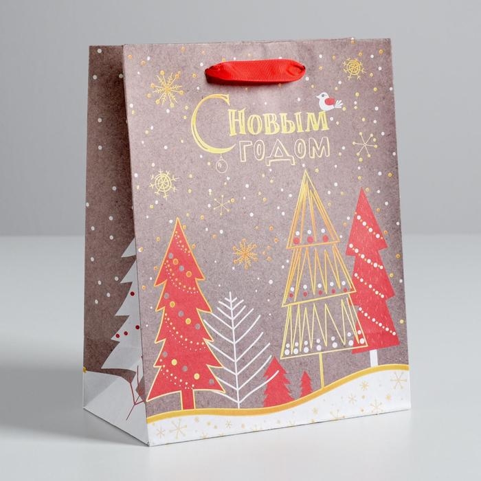 Пакет подарочный новогодний крафтовый вертикальный «Новогодние ёлки», 18 х 23 х 8 см, Новый год Пакет подарочный новогодний крафтовый вертикальный «Новогодние ёлки», 18 х 23 х 8 см, Новый год