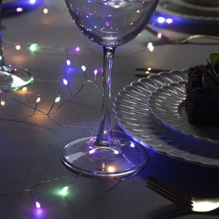 Гирлянда «Мишура» 5 м роса, IP20, серебристая нить, 100 LED, 2 режима, батарейки AAх3 (нет в комплекте), свечение мульти Гирлянда «Мишура» 5 м роса, IP20, серебристая нить, 100 LED, 2 режима, батарейки AAх3 (нет в комплекте), свечение мульти