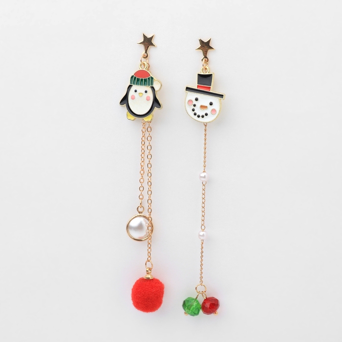 Новый год! Серьги «Новогодние» висячие, пингвин, цветные в золоте Новый год! Серьги «Новогодние» висячие, пингвин, цветные в золоте