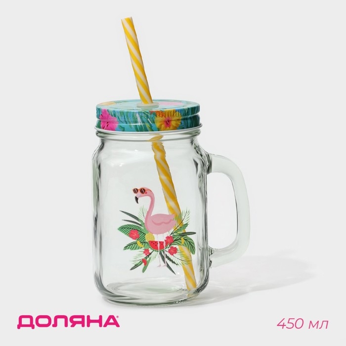 Кружка стеклянная с крышкой и трубочкой Доляна «Фламинго», 450 мл, 10×7,5×13 см Кружка стеклянная с крышкой и трубочкой Доляна «Фламинго», 450 мл, 10×7,5×13 см