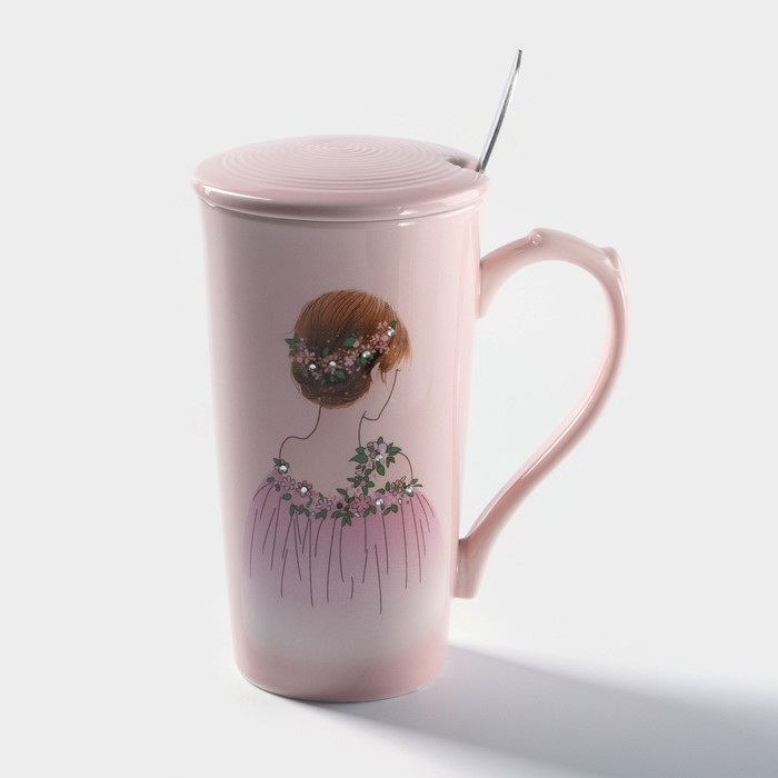 Кружка керамическая с крышкой и ложкой &laquo;Пышность бала&raquo;, 300 мл, цвет МИКС