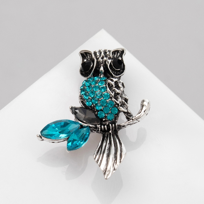 Брошь «Сова на ветке», цвет голубой в чернёном серебре