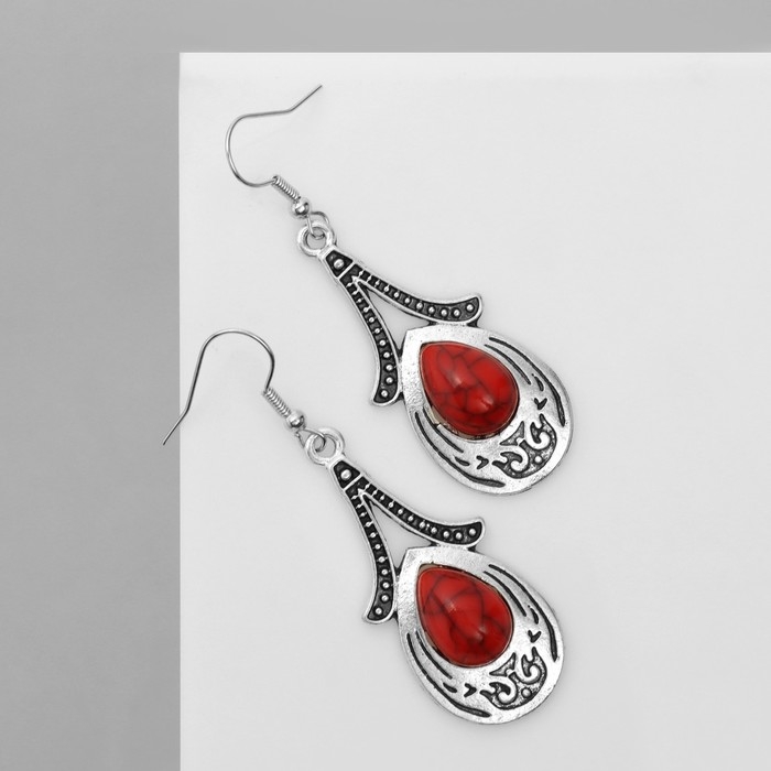 Серьги «Этника» объёмная капля, цвет красный в чернёном серебре Серьги «Этника» объёмная капля, цвет красный в чернёном серебре