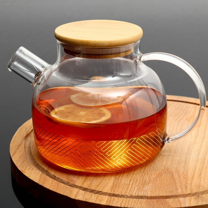 Чайник стеклянный заварочный с бамбуковой крышкой «Геометрия», 1000 мл Чайник стеклянный заварочный с бамбуковой крышкой «Геометрия», 1000 мл