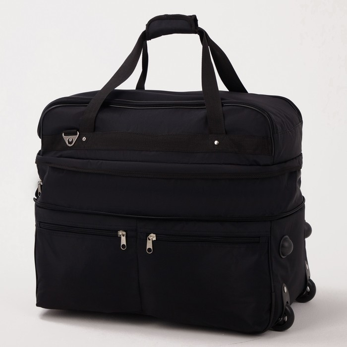 Сумка дорожная на колёсах, отдел на молнии, с увеличением, 2 наружных кармана, длинный ремень, цвет чёрный Сумка дорожная на колёсах, отдел на молнии, с увеличением, 2 наружных кармана, длинный ремень, цвет чёрный