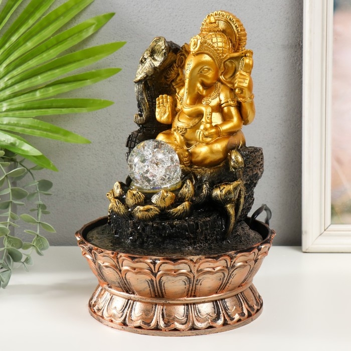 Фонтан настольный от сети, подсветка Фонтан настольный от сети, подсветка "Ганеша в золотом сидящий у лотоса" 20.5х20.5х30 см