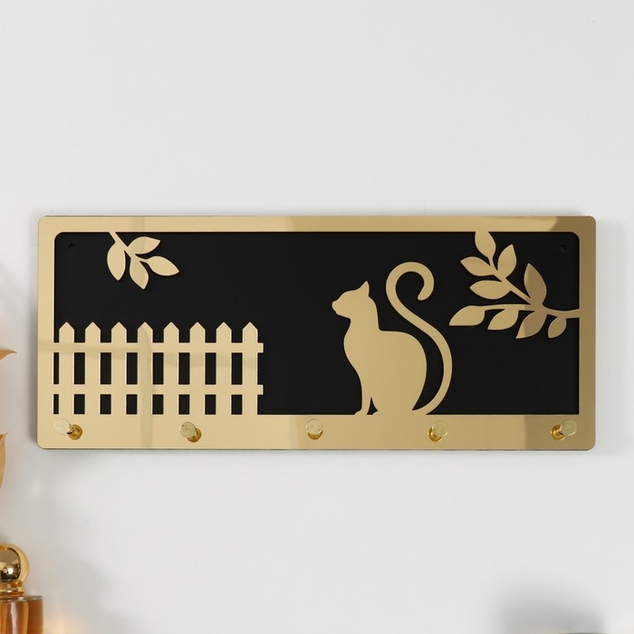 Крючки декоративные дерево Крючки декоративные дерево "Кошка у забора" чёрный, зеркальный 3,1х34х14,4 см