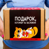 Гифтбокс «Подарок, который ты заслужил», чай 50 г., термостакан 350 мл., драже шоколадное 80 г., шоколад 4 шт. * 5 г., леденец 30 г.