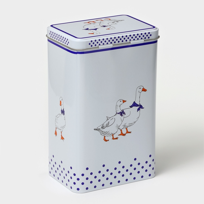 Банка для сыпучих продуктов «Гуси», 2,7 л, 13,5 х 9,5 х 21,5 см, жесть, цвет белый в горох