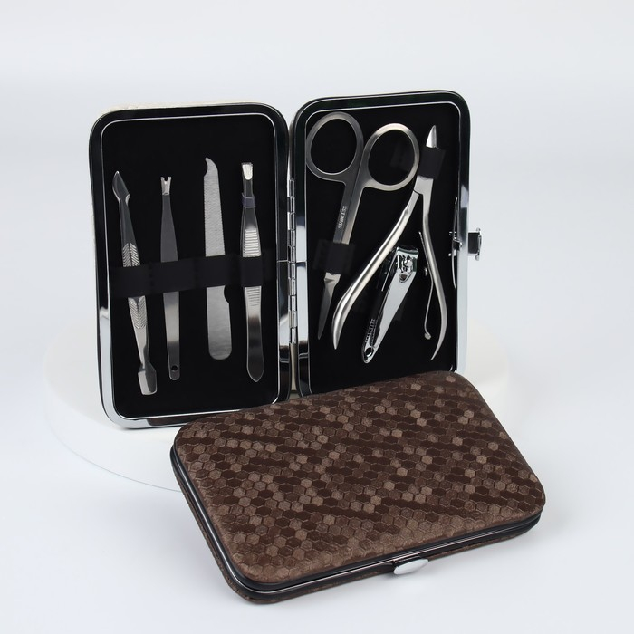 Набор маникюрный, 7 предметов, в футляре, цвет коричневый Набор маникюрный, 7 предметов, в футляре, цвет коричневый