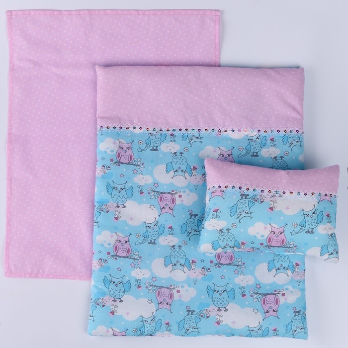 Кукольное постельное Кукольное постельное"Совята в облаках с розов,"х/б,простынь 46*36,одеяло,46*36,подушка 23*17