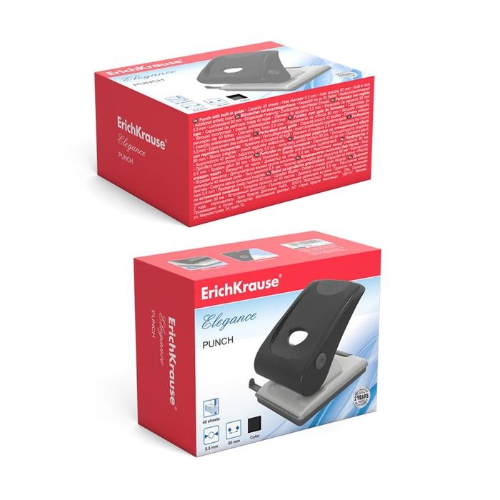 Дырокол ErichKrause Elegance, до 40 листов, диаметр прокола 5.5 мм, расстояние между проколами 80 мм, черный Дырокол ErichKrause Elegance, до 40 листов, диаметр прокола 5.5 мм, расстояние между проколами 80 мм, черный