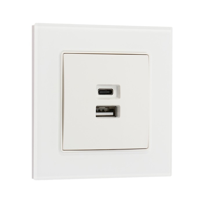 Розетка с USB-A + USB-C разъёмами, 2.1 A, 5В, TOT Glossy Glass, скрытая, стекло, белая