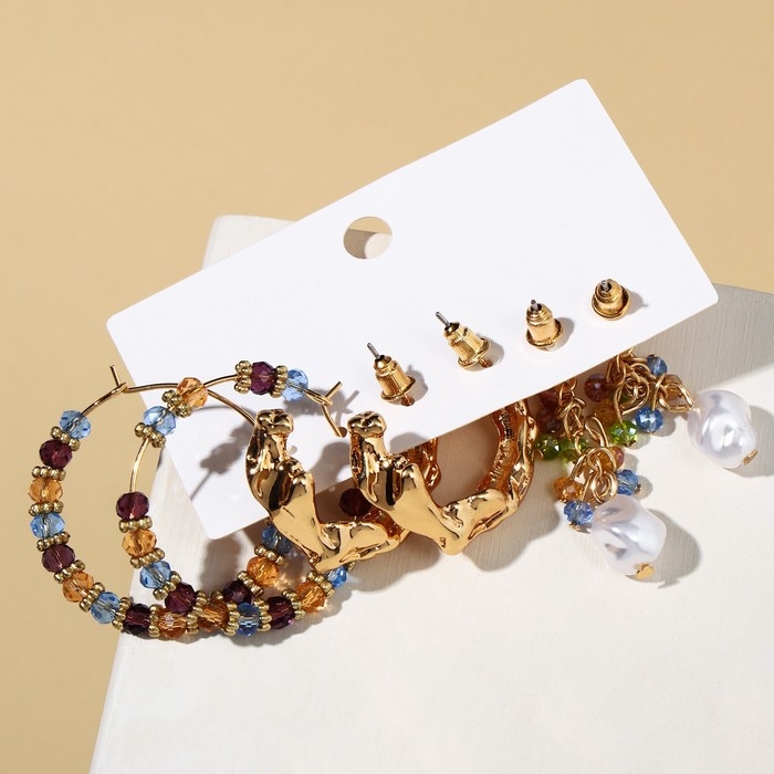 Набор 3 пары серёг «Этника» кольца, цвет бело-голубой в золоте Набор 3 пары серёг «Этника» кольца, цвет бело-голубой в золоте