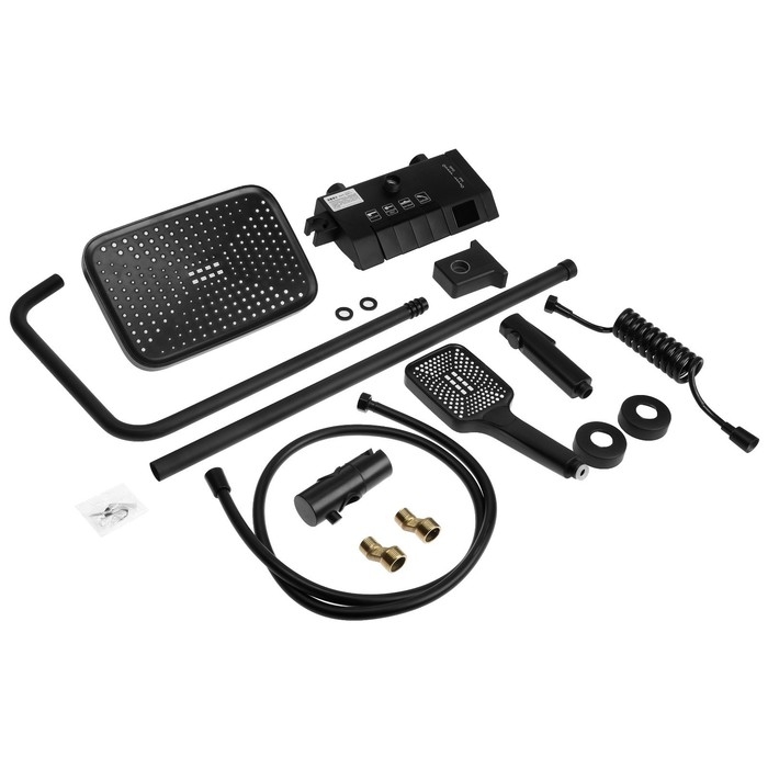 Душевая система ZEIN Z3897, верхняя и ручкая лейка, ПВХ шланг, экран температуры, черная Душевая система ZEIN Z3897, верхняя и ручкая лейка, ПВХ шланг, экран температуры, черная