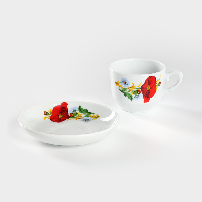 Чайная пара фарфоровая «Маки красные», 250 мл, блюдце d=15 см Чайная пара фарфоровая «Маки красные», 250 мл, блюдце d=15 см