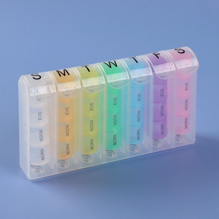 Таблетница - органайзер «Неделька», английские буквы, утро/день/вечер/ночь, 10 × 20 × 3 см, 7 контейнеров по 4 секции, разноцветная Таблетница - органайзер «Неделька», английские буквы, утро/день/вечер/ночь, 10 × 20 × 3 см, 7 контейнеров по 4 секции, разноцветная