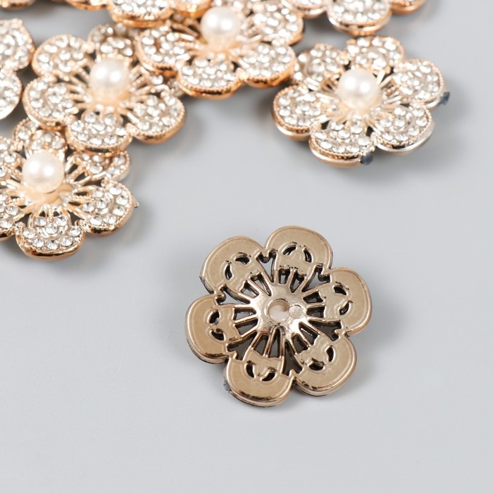 Декор для творчества пластик, стразы "Золотой цветок с бусиной" набор 10 шт 3х3 см