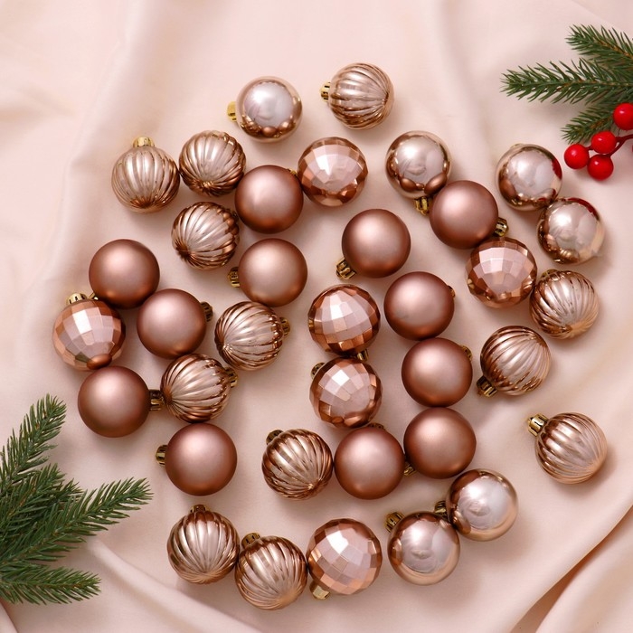 Ёлочные игрушки, шары новогодние , пластик, набор d-4 см, 36 шт Ёлочные игрушки, шары новогодние , пластик, набор d-4 см, 36 шт "Диско ассорти" коричневый
