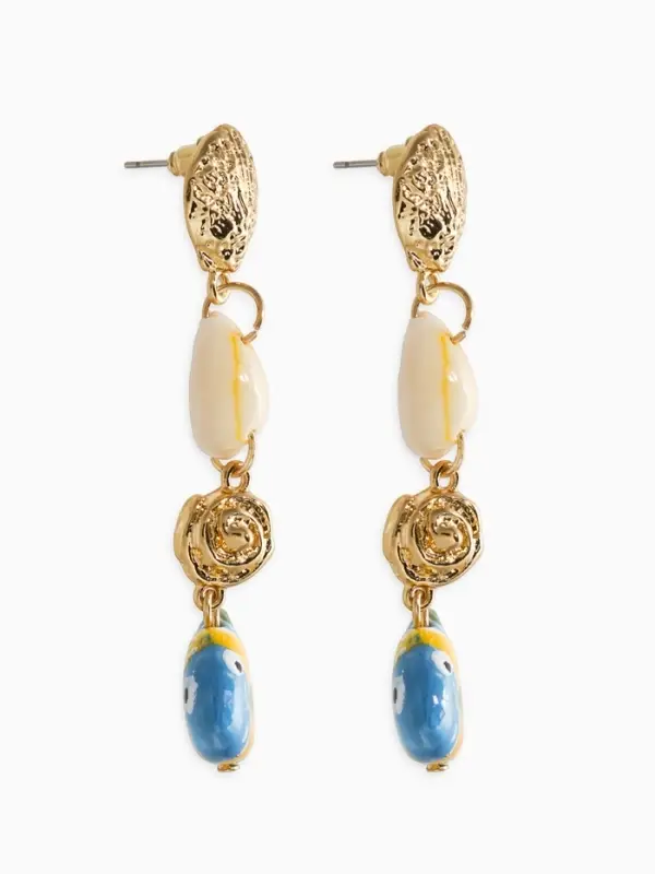 Серьги &laquo;Морской мир&raquo;, рыбы с ракушками, бело-зелёные в золоте