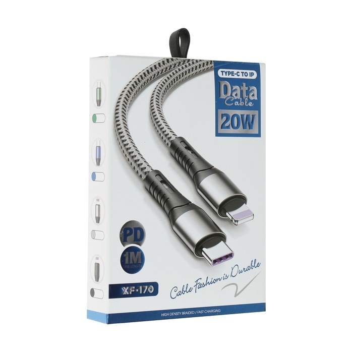 Кабель Type-C - Lightning, 3 А, 66 W, быстрая зарядка, тканевая оплётка, 1 метр, синий