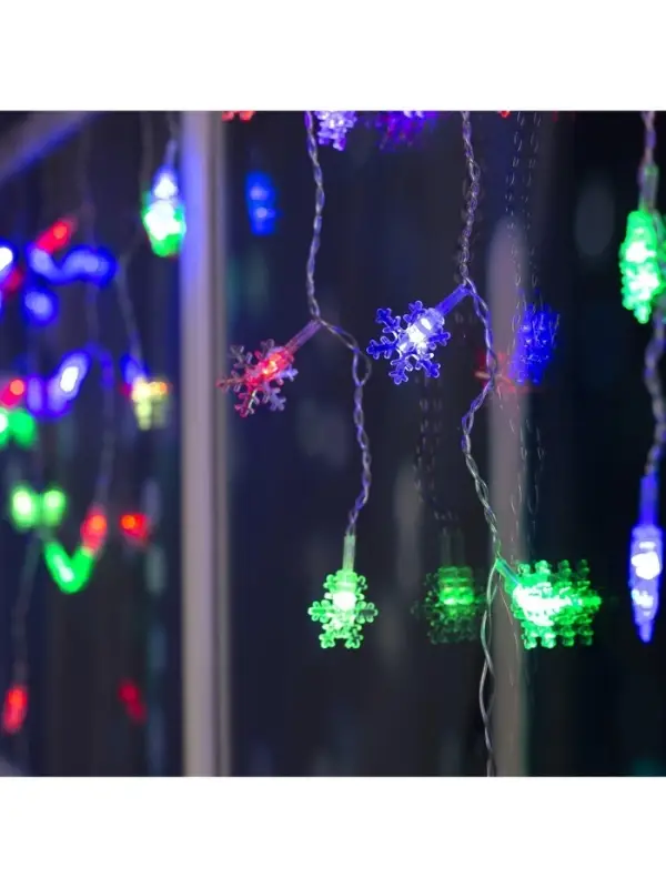 Гирлянда &laquo;Бахрома&raquo; 1.8&times;0.5 м с насадками &laquo;Снежинки&raquo;, IP20, прозрачная нить, 48 LED, свечение мульти (RG/RB), мигание, 220 В