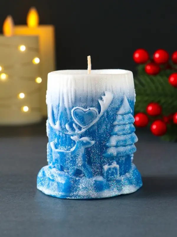 Свеча новогодняя столбик  Свеча новогодняя столбик "Сказочный лес" 75х85 мм, синий