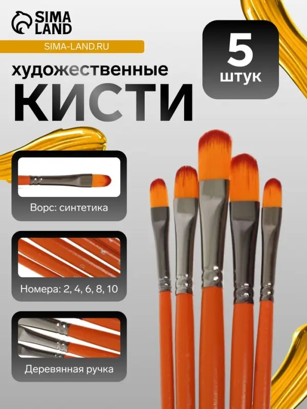 Кисти для рисования, синтетика, 5 штук: № 2, 4, 6, 8, 10, плоские, международный размер